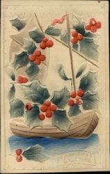 Holly encircling a Sailboat Christmas Postcard Postcard Postcard