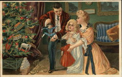 Mother, Father, Daughter at Christmas Tree with Gifts Postcard