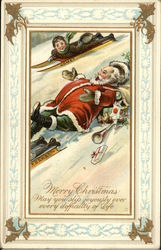 Santa Sledding with Boy and Toys Santa Claus Postcard Postcard Postcard