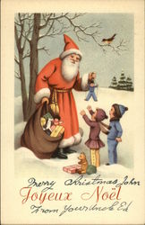 Santa Giving Toys to Children - Outside with Snow Santa Claus Postcard Postcard Postcard