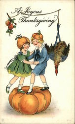 A Joyous Thanksgiving - Children with Pumpkin and Turkey Postcard Postcard Postcard