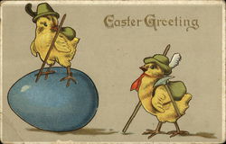 Two chicks dressed as mountain climbers on large egg With Chicks Postcard Postcard Postcard