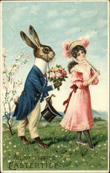 All Joy To You This Eastertide. - Rabbit offering Flowers to Woman Postcard