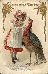 Thanksgiving Blessings - Young Girl with Turkey Turkeys Postcard Postcard Postcard