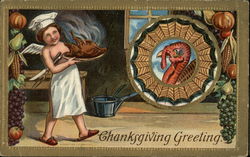 Angel Carrying Cooked Turkey, Festive Border Turkeys Postcard Postcard Postcard