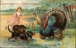 Thanksgiving Greetings - Young Girl with Dogs, Chickens and Turkeys Postcard