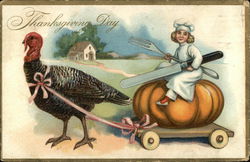 Thanksgiving Day - Lady Chef on Pumpkin with Turkey Turkeys Postcard Postcard Postcard