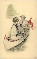 Couple in Canoe with Woman Rowing Postcard