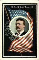 U.S.o.A. Pres. Roosevelt Portrait with American Flag Theodore Roosevelt Postcard Postcard Postcard