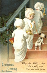 Three Children In Nightclothes and Dog Climbing Stairs Postcard