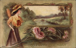 Woman with Oar Looking onto River Scene, Flowers Birthday Postcard Postcard Postcard