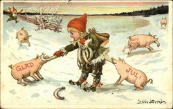 "Glad Jul!" pigs steal meat from a boy Postcard Postcard Postcard