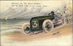 Masked Racer in Green Sportscar Marked No. 3 Speeds Along the Shore Auto Racing Postcard Postcard Postcard