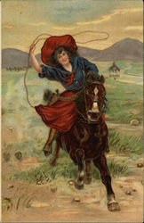 Woman on Horseback with Lasso Cowboy Western Postcard Postcard Postcard