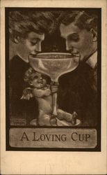 Woman and Man Drink from a Loving Cup that Cupid is Holding Postcard Postcard Postcard