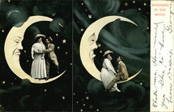 Spooning In The Moon. - Couple Romancing on a Moon and Among the Stars Moons Postcard Postcard Postcard