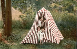 Two Couples in a Red and White Striped Tent Postcard Postcard Postcard