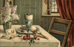 Easter Greetings - Table at Home with Flowers, Cards and Food Postcard