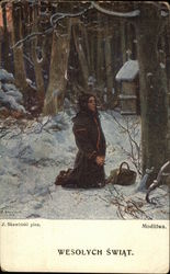 Woman Praying on Knees in Snowy Woods Postcard