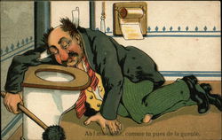 Man Asleep Over the Toilet Bowl With Brush Drinking Postcard Postcard Postcard