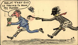 Illustration of a Man, the Public, Running From Corporate Greed Price Raiser Postcard