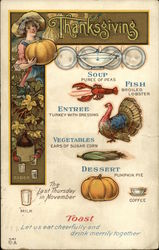 Thanksgiving Meal Menu With Girl Holding Pumpkin and Illustrated Courses Postcard