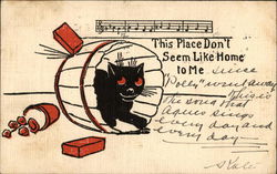 Black Cat in a Barrel Hiding from Thrown Objects Cats Postcard Postcard Postcard