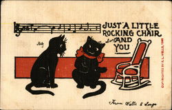 Two Black Cats, Rocking Chair, Musical Tune and Notes Postcard Postcard Postcard