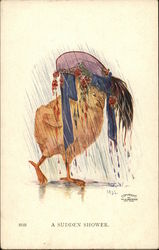 A Sudden Shower. - Chick with a Hat in the Rain Chickens Postcard Postcard Postcard