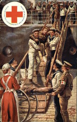 Red Cross Waiting for Wounded Soldier Being Carried by Sailors Postcard