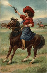 Woman on Horseback Firing Pistol Cowboy Western Postcard Postcard Postcard