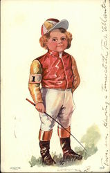 Young Jockey Boy in Red Jacket and Striped Cap Horse Racing Postcard Postcard Postcard