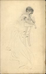 Sketch of a woman sitting on a chair Women Postcard Postcard Postcard