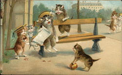 Anthropomorphic Cats laughing on the street Postcard