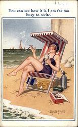 Woman Lounging on Beach with Candy, Drinks Postcard