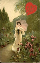 Woman with Umbrella in Rose Garden Postcard