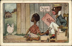 Black Shoeshiner and Black Patron Looking at Chicken Postcard