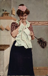 Woman Holding Feather Duster Postcard