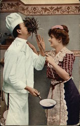 Man and Woman in Kitchen - Playful Couples Postcard Postcard Postcard