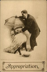 Woman Hiding Under Parasol Man With Hand on her Waist Couples Postcard Postcard Postcard