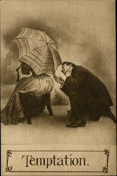 Man kneeling speaking to woman hidden by umbrella. Postcard