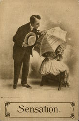 Demure Woman Hiding Under Umbrella While Gentleman Peeks Postcard