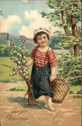 Easter Greetings- Boy in Overalls with Basket of Eggs With Children Postcard Postcard Postcard