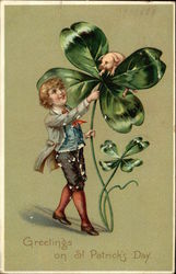 Boy With Large Four Leaf Clover and Pig St. Patrick's Day Postcard Postcard Postcard