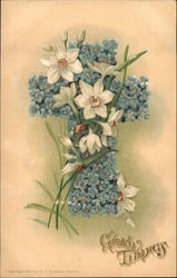 Blue flowers in a cross arrangement with White Lillies and Butterflies Postcard Postcard Postcard