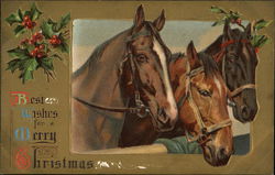 Best Wishes for a Merry Christmas - Three Horses and Holly Postcard Postcard Postcard