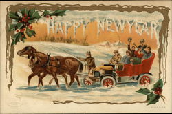 Horse Pulling Automobile through the Snow, Passengers Waving New Year's Postcard Postcard Postcard