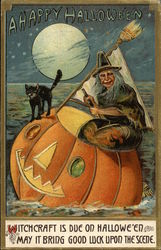 Witch Riding Pumpkin Sailboat with Black Cat at Night Halloween Postcard Postcard Postcard