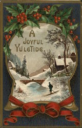 A Joyful Yuletide A Winter Scene Through a Keyhole, Holly Sprigs Postcard