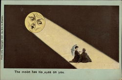 The Moon Has His Eyes on You.- Couple Sitting Under Moon Moons Postcard Postcard Postcard